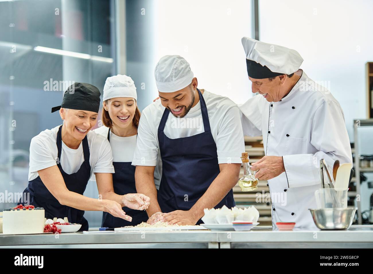 Home jolly good looking chefs working with dough together next to their chief cook confectionery 2weg8cp